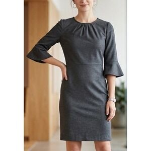J. Crew Gray 3/4 Bell Sleeve Round Neck Midi Sheath Dress Women's Petite Size 8P
